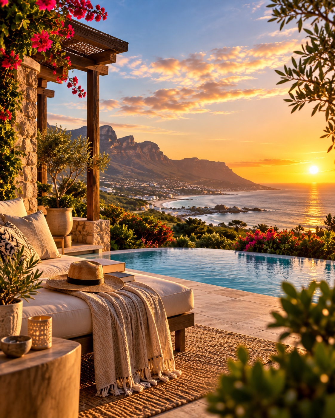 A poolside terrace at golden hour overlooking the South African coastline