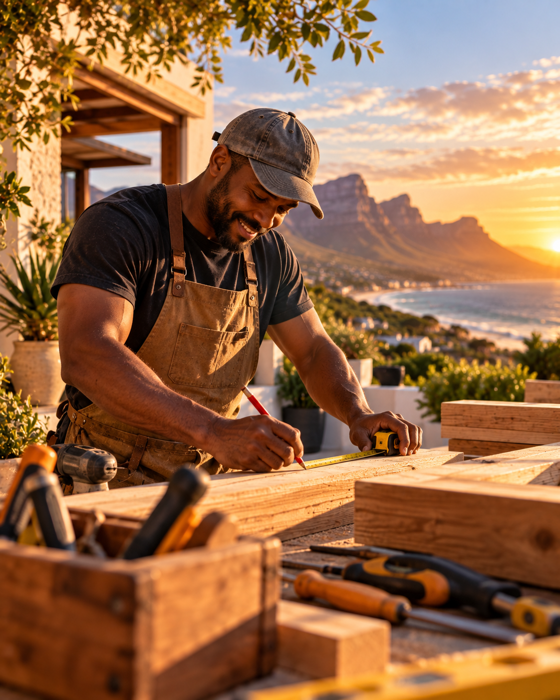 A carpenter measuring timber at his workbench above the coast at sunset
