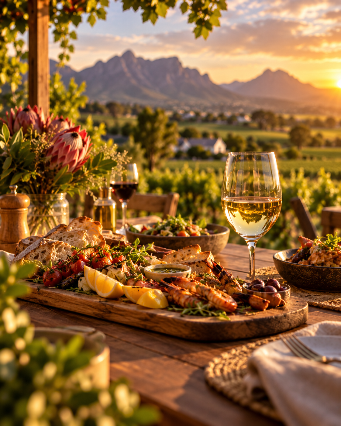 A long table of food and wine at sunset overlooking the winelands