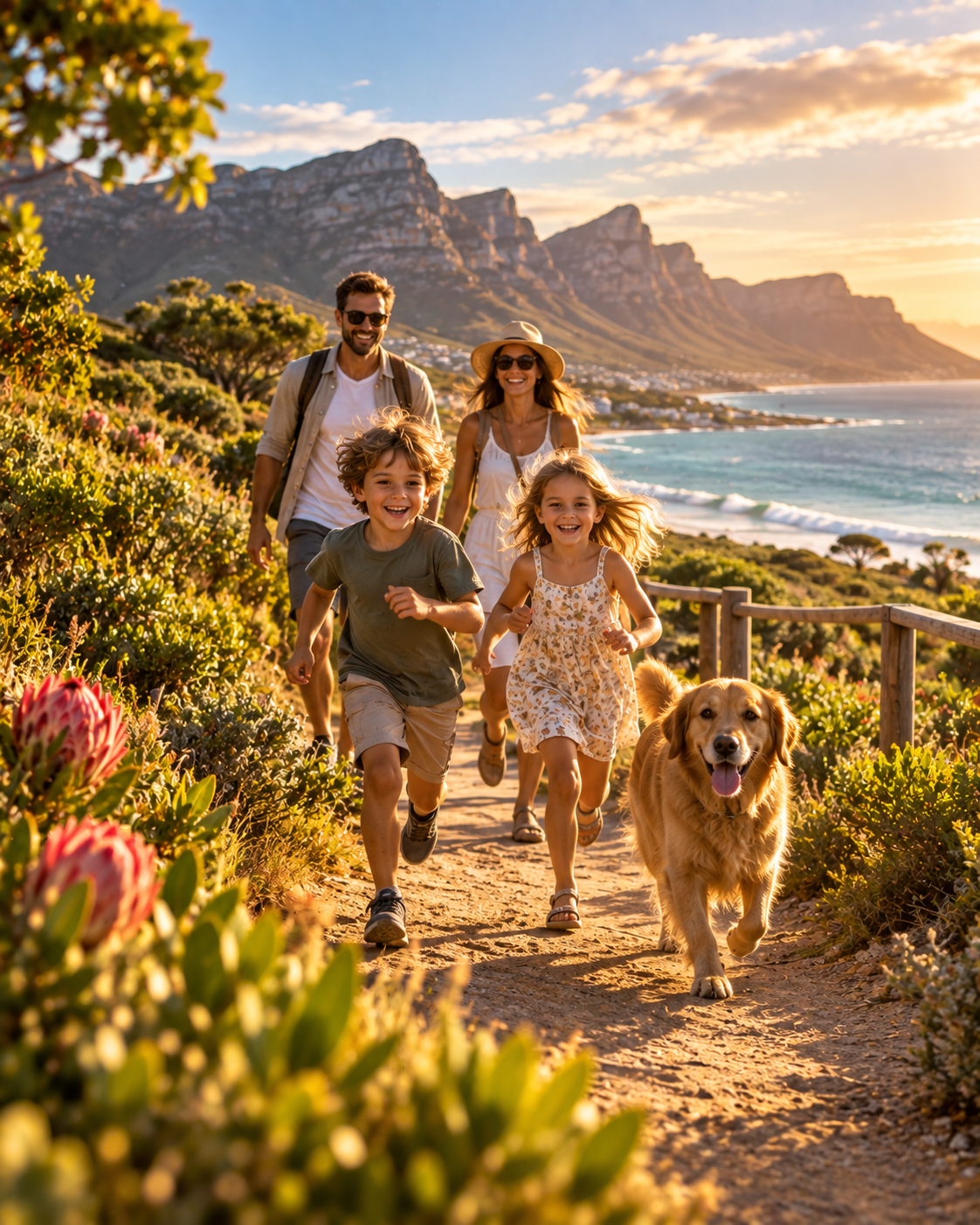A family and their dog running along a coastal path at golden hour