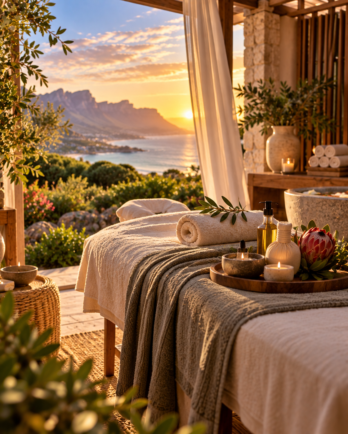 An open-air spa treatment bed at sunset with candles and a protea