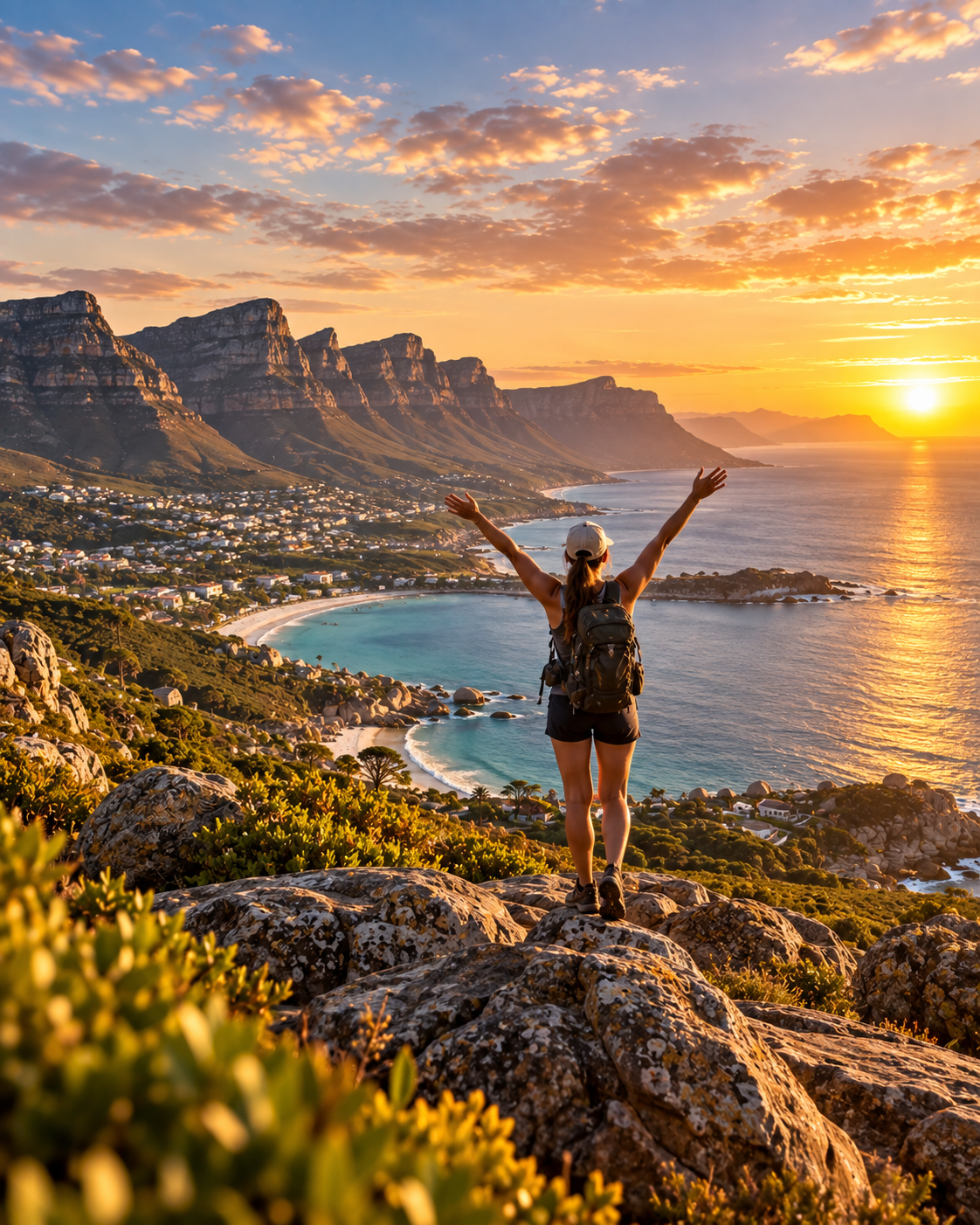 A hiker with arms raised on a mountain top above the coast at sunset