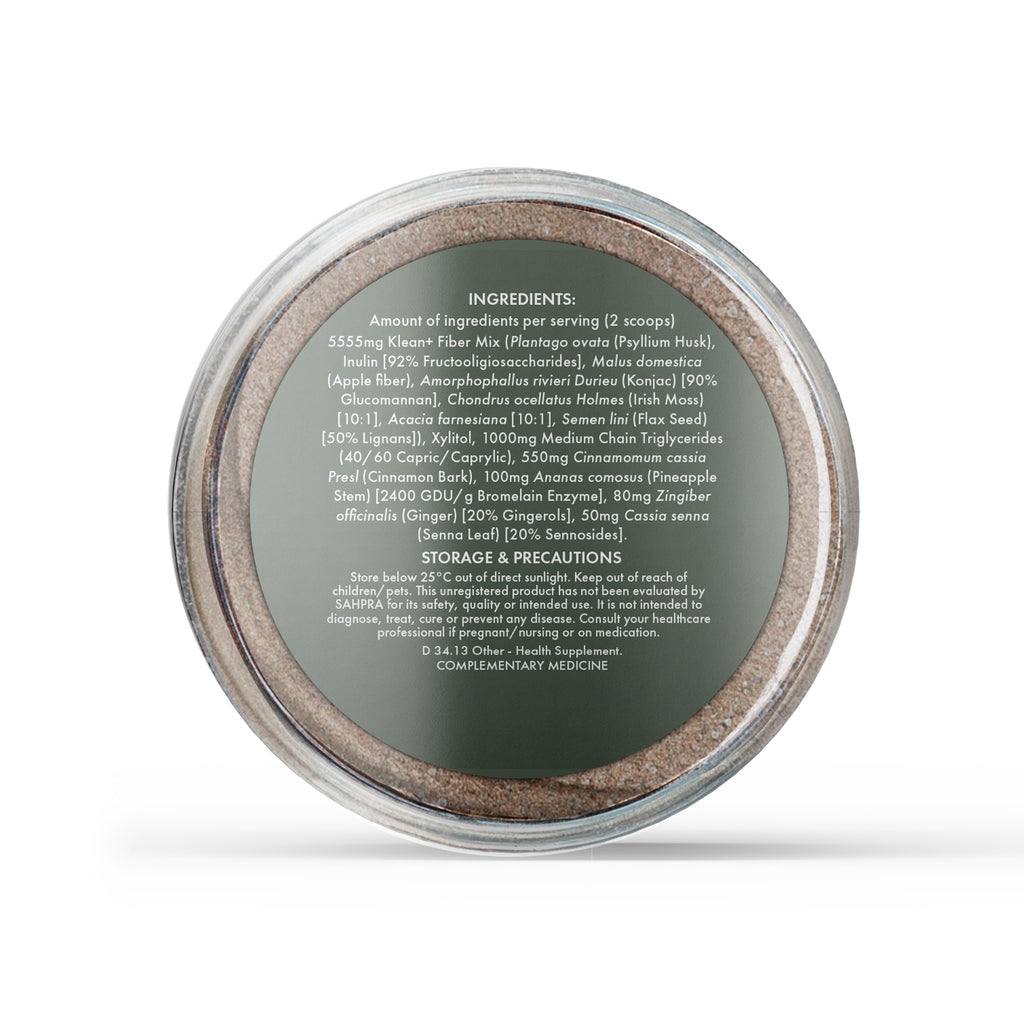 Klean+ Gut Cleansing Powder ingredients and storage information, jar bottom label
