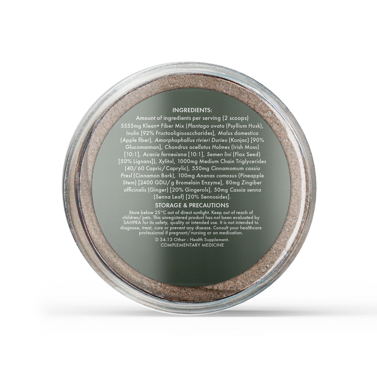 Klean+ Gut Cleansing Powder ingredients and storage information, jar bottom label
