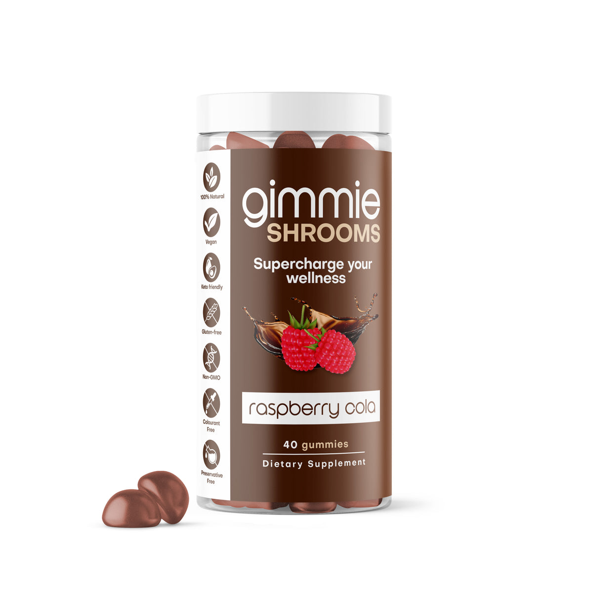 Gimmie Shrooms gummies bottle, raspberry cola