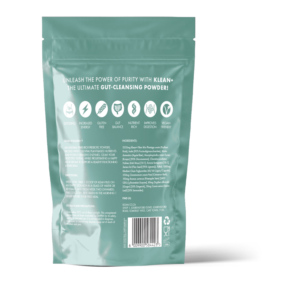 Klean+ Gut Cleansing Powder Refill Pack, back of pouch with directions and ingredients