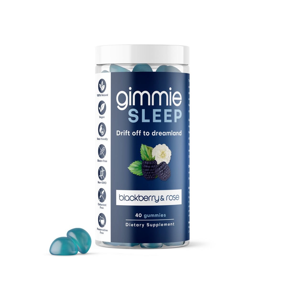 Gimmie Sleep gummies bottle, blackberry & rose
